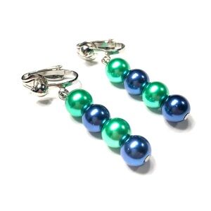 Handmade Blue & Green Glass Pearl Bead Clip-On Earrings for Women Gift